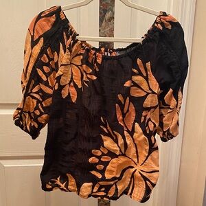 Anthropologie Black and Coral/Orange Floral Off- Shoulder Top